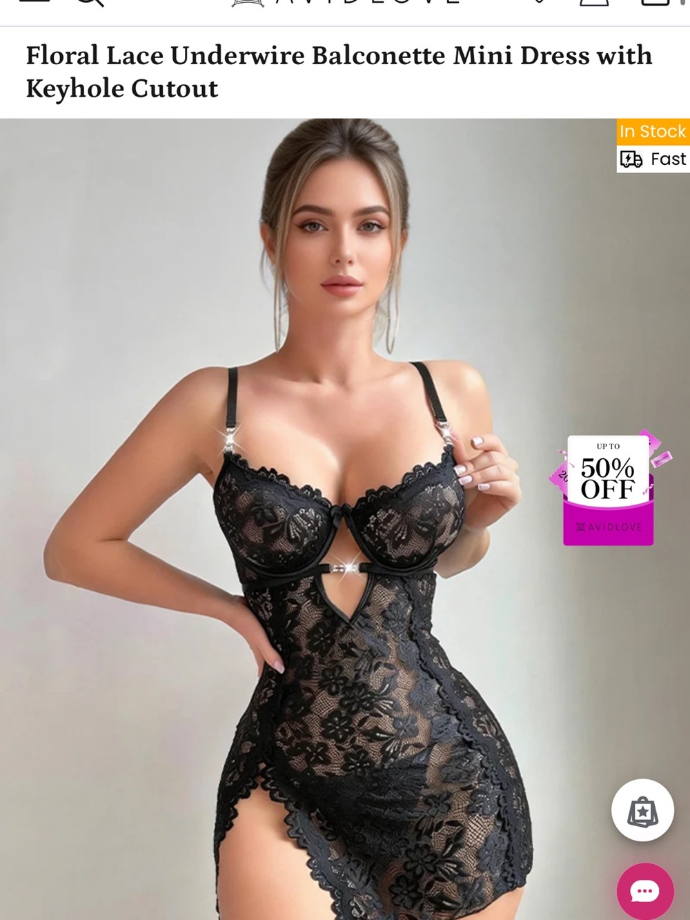 Black Floral Lace Underwire Chemise with Keyhole Detail